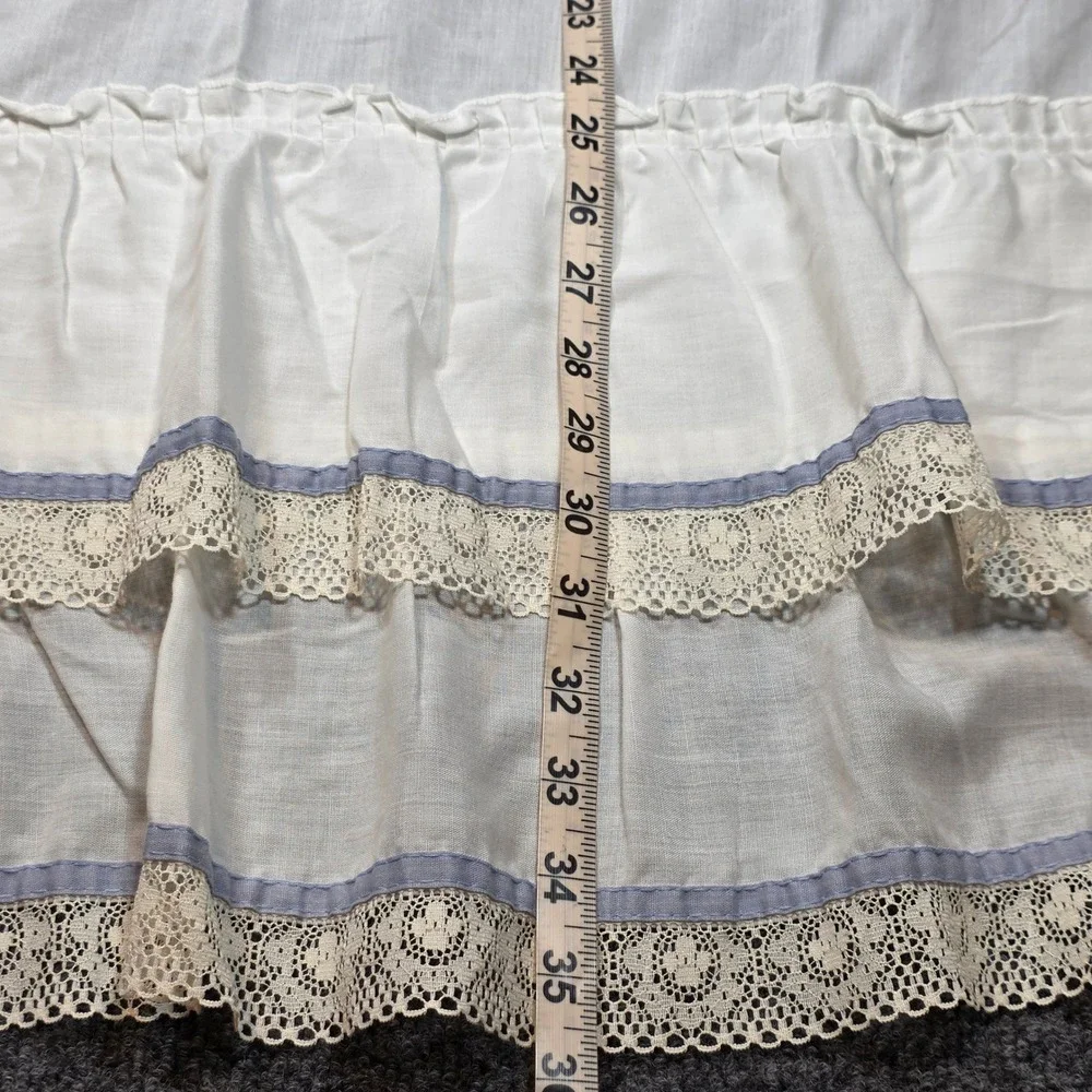 Vintage White Ruffled Cafe Curtains Lace Trim Blue Ribbon Made in USA 36x28 4pc